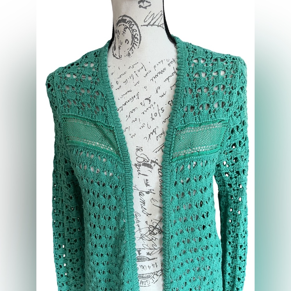 Anthropologie Far Away From Close Green Crochet long line  Cardigan Medium - Picture 2 of 6